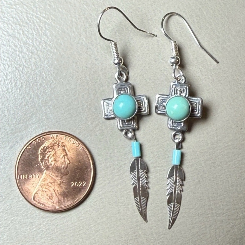 Vtg 925 Sterling Silver Southwestern Turquoise Feather Dangle Earrings by G&S - Picture 5 of 7